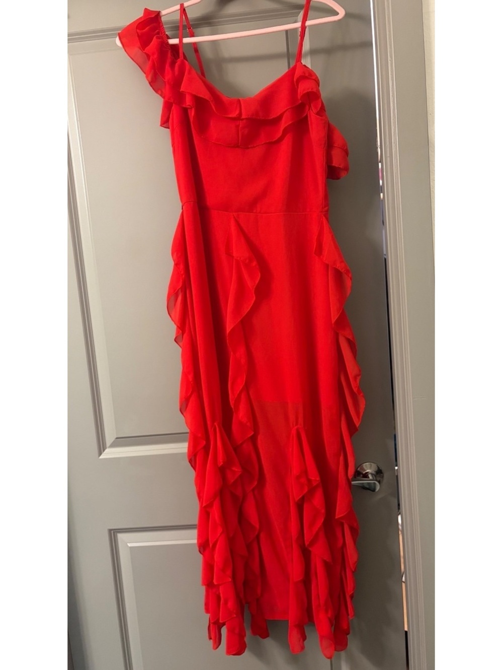 Eilly Bazar Red Ruffled Midi Dress with Spaghetti Straps